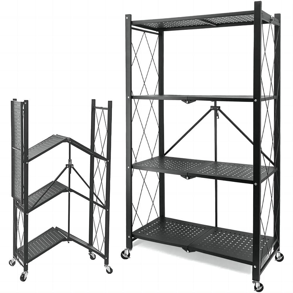 4-Tier Foldable Metal Rack Storage Shelving Unit, Kitchen Shelf with 3-Hooks