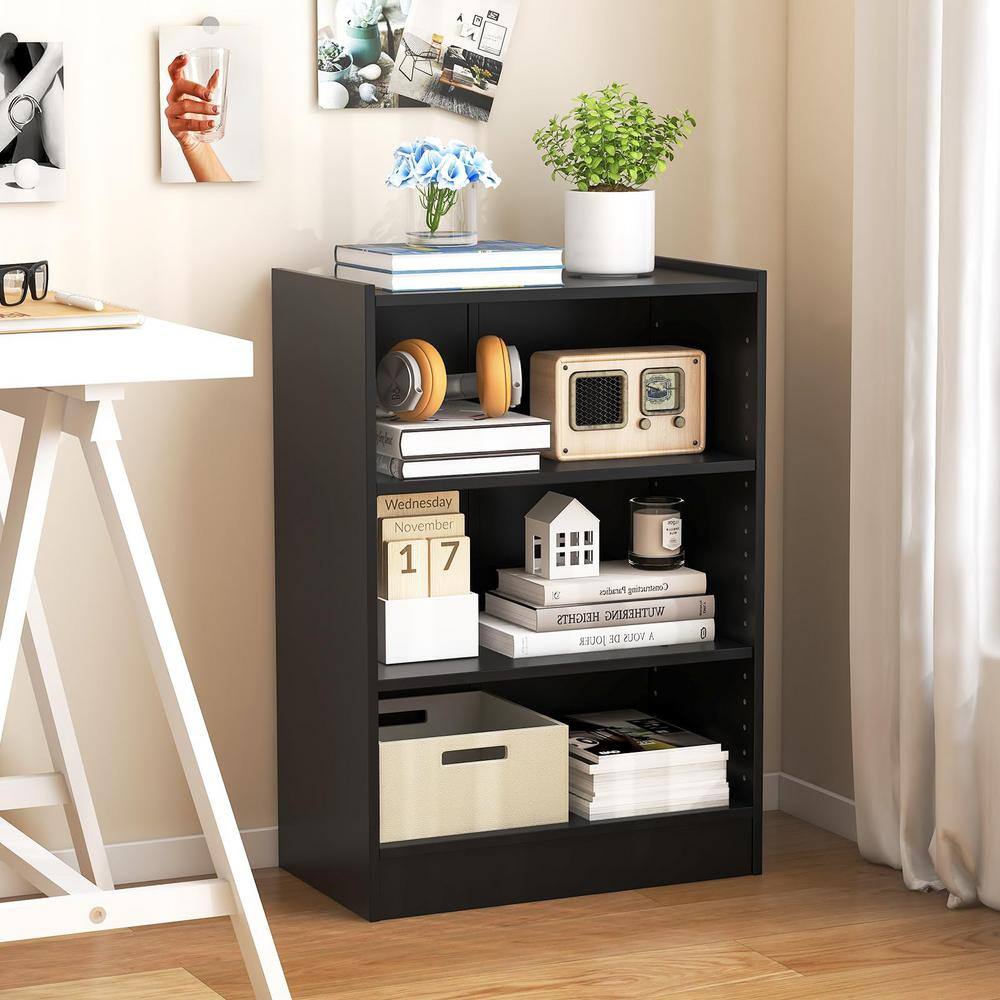 3-Tier Black Wood Pantry Organizer Bookcase Open Display Rack Cabinet with Adjustable Shelves