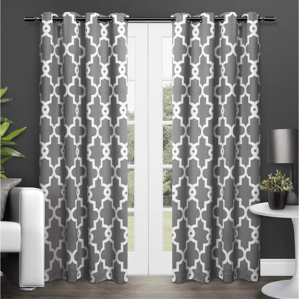 Ironwork Black Pearl Sateen Trellis 52 in. W x 96 in. L Thermal Grommet Blackout Curtain (Set of 2)