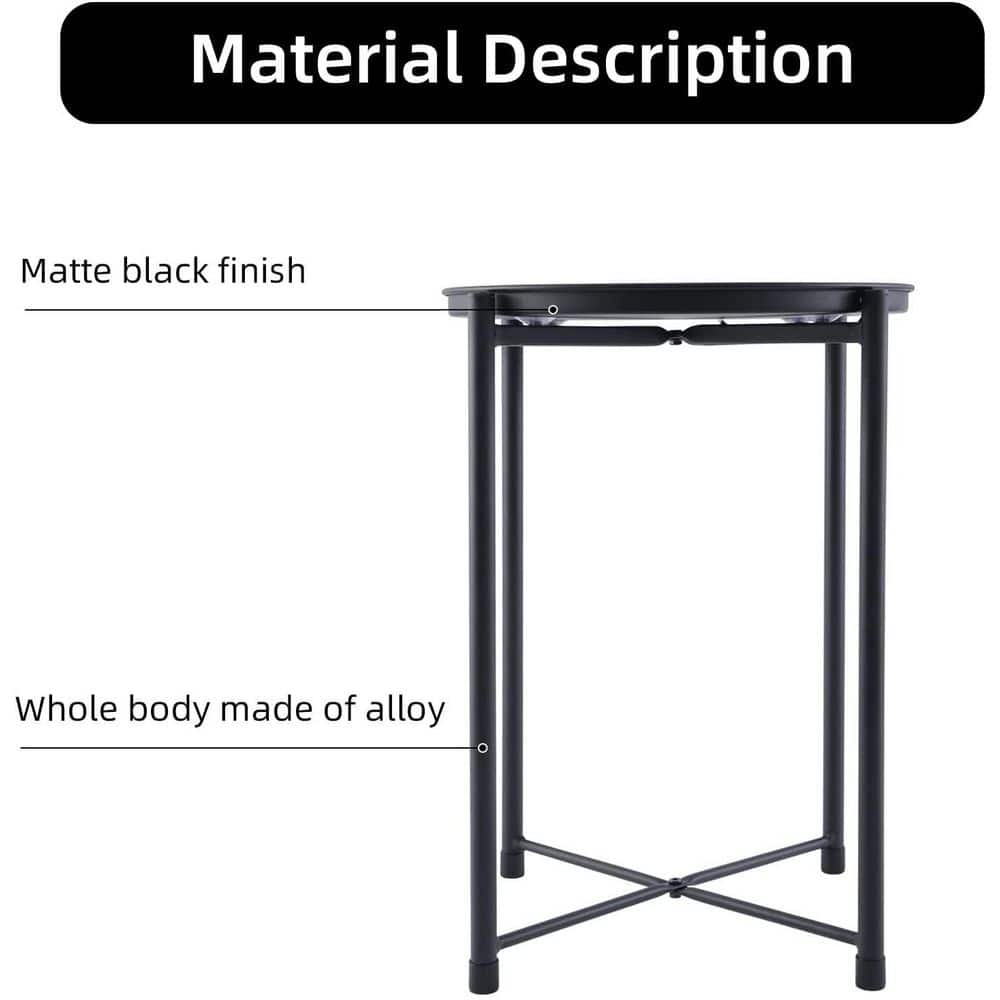 Black Metal Tray End Table, Round, Small, Removable Top, Anti-Rust and Waterproof