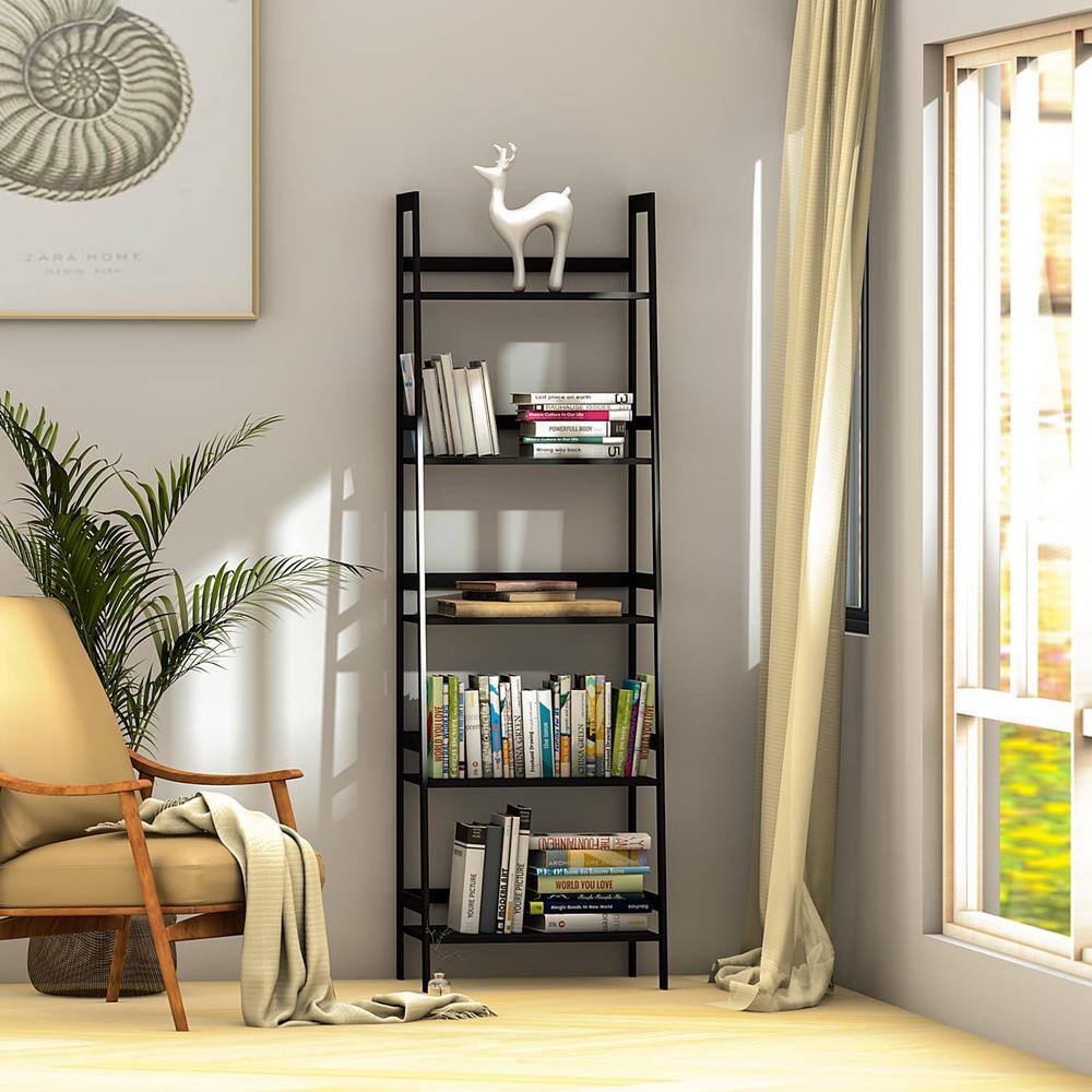 Ladder Shelf, 5 Tier Black Modern Open Shelf, 20.47 in. W x 11.87 in. D x 59.06 in. H