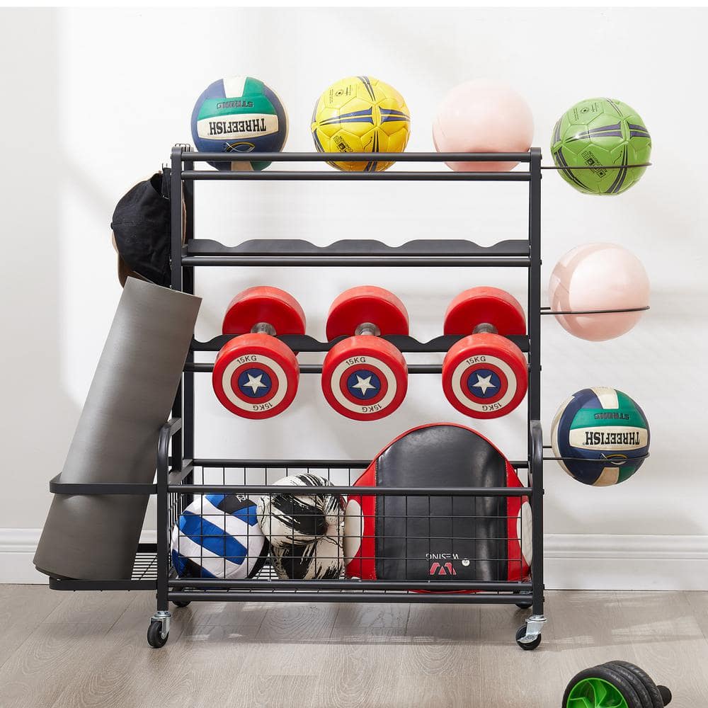 4-Tier Metal Storage Organizer with Rolling Wheels for Basketball Sports Equipment Organizer