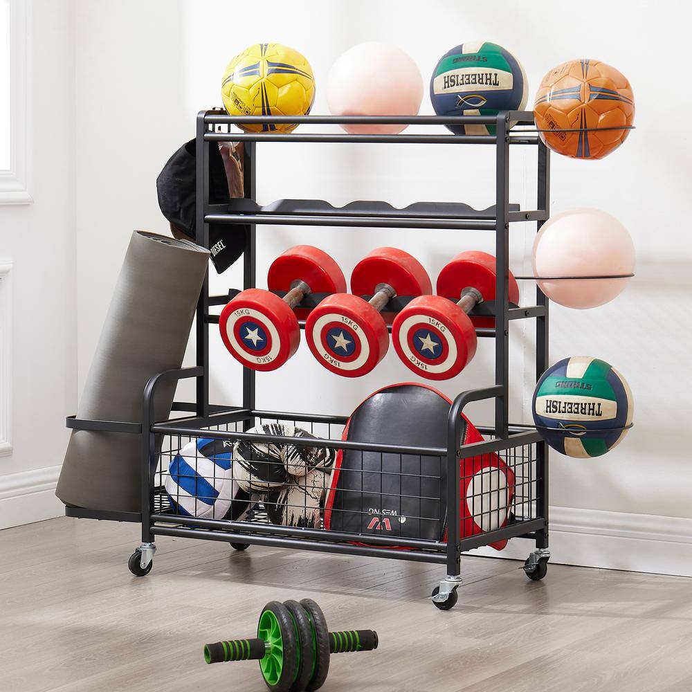 4-Tier Metal Storage Organizer with Rolling Wheels for Basketball Sports Equipment Organizer