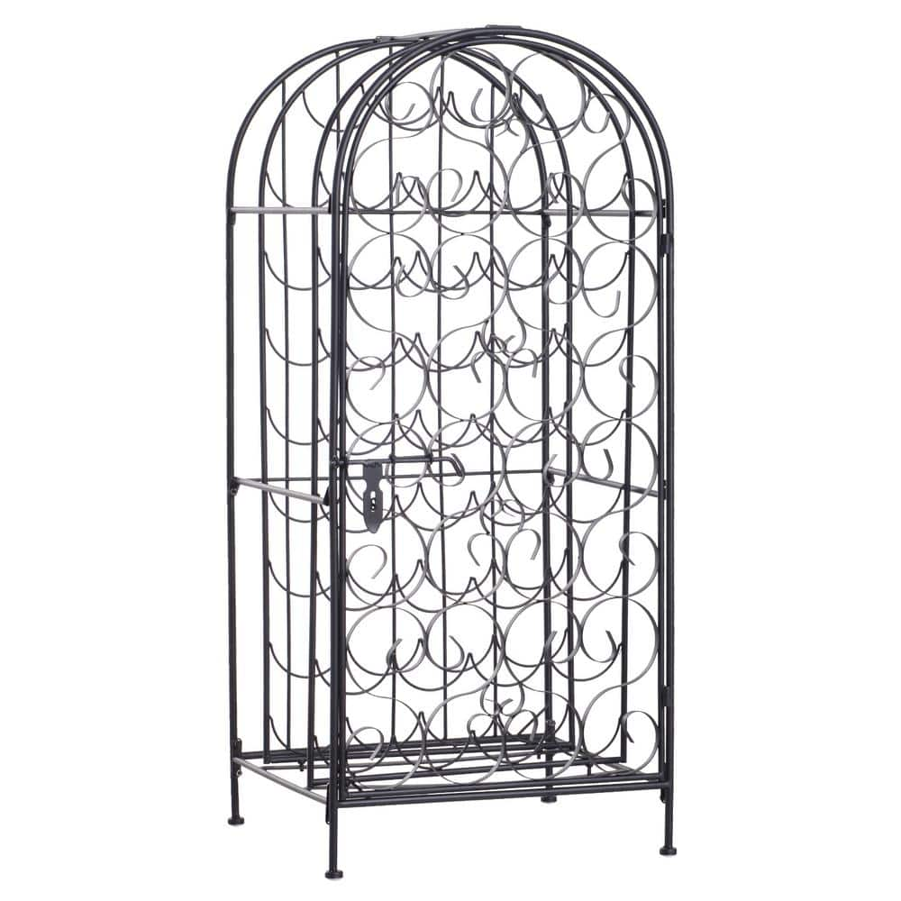 Black 35 Bottle Wrought Iron Wine Rack Cabinet with Lock