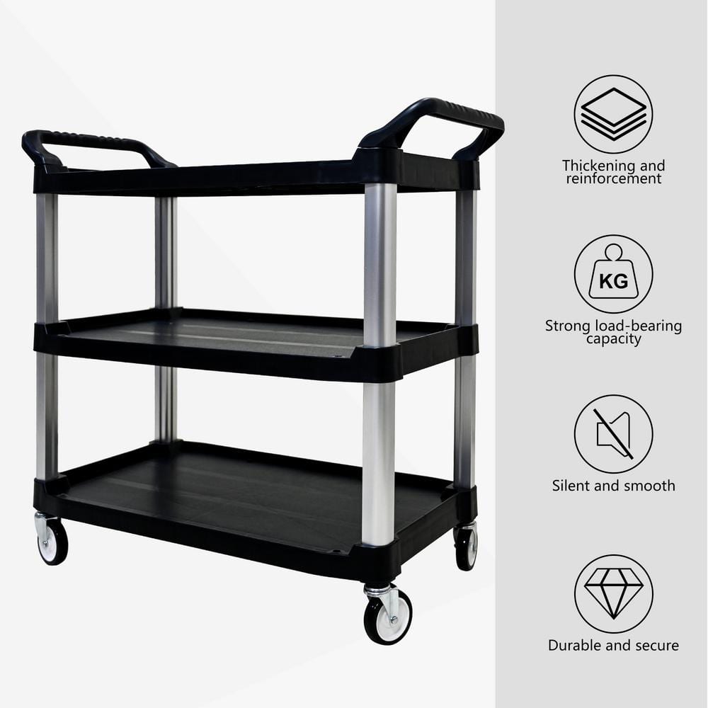 Three-Layer Thickened Plastic Mobile Tool Cart for Kitchen, Living Romm-Black