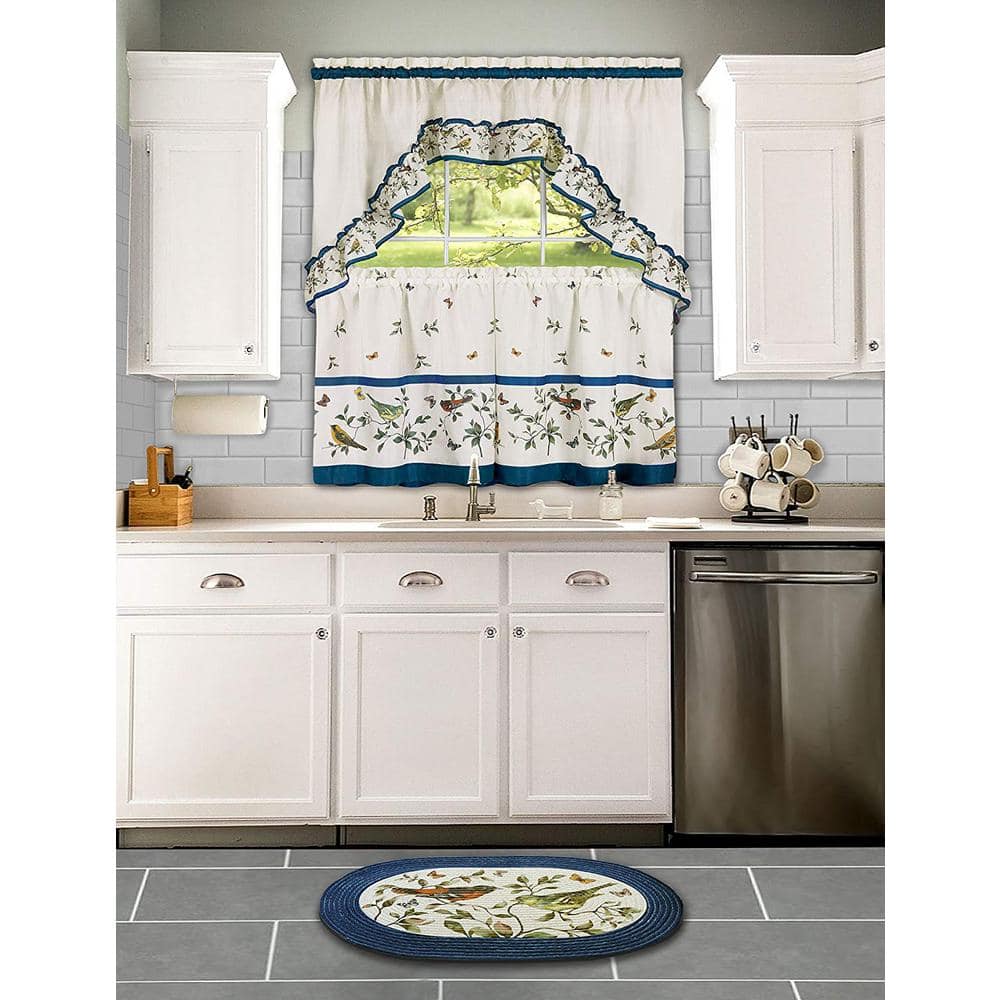 Love Birds Blue Polyester Light Filtering Rod Pocket Tier and Swag Curtain Set 57 in. W x 24 in. L