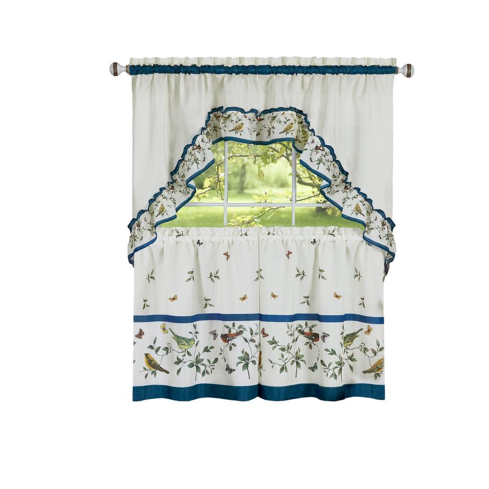 Love Birds Blue Polyester Light Filtering Rod Pocket Tier and Swag Curtain Set 57 in. W x 24 in. L