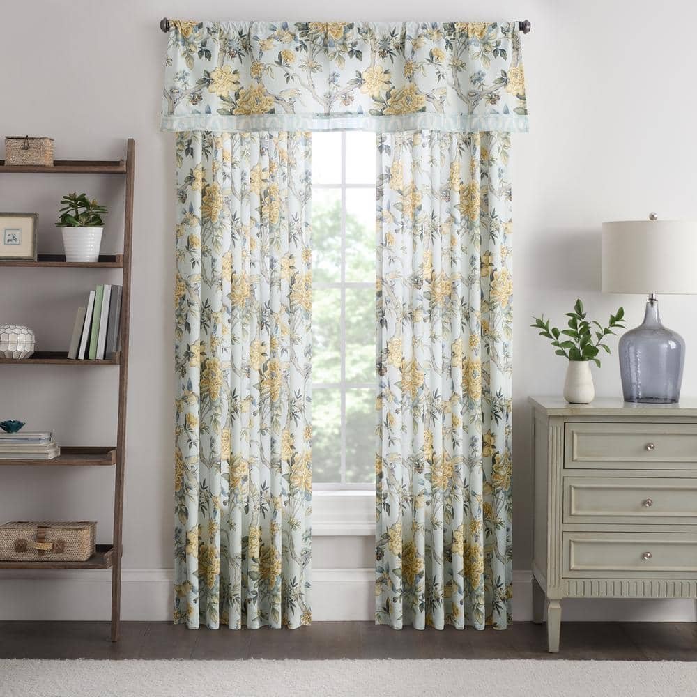 Mudan Blue Bird Cotton Floral 50 in. W x 84 in. L Back Tab Rod Pocket Light Filtering Curtain (Double Panel)