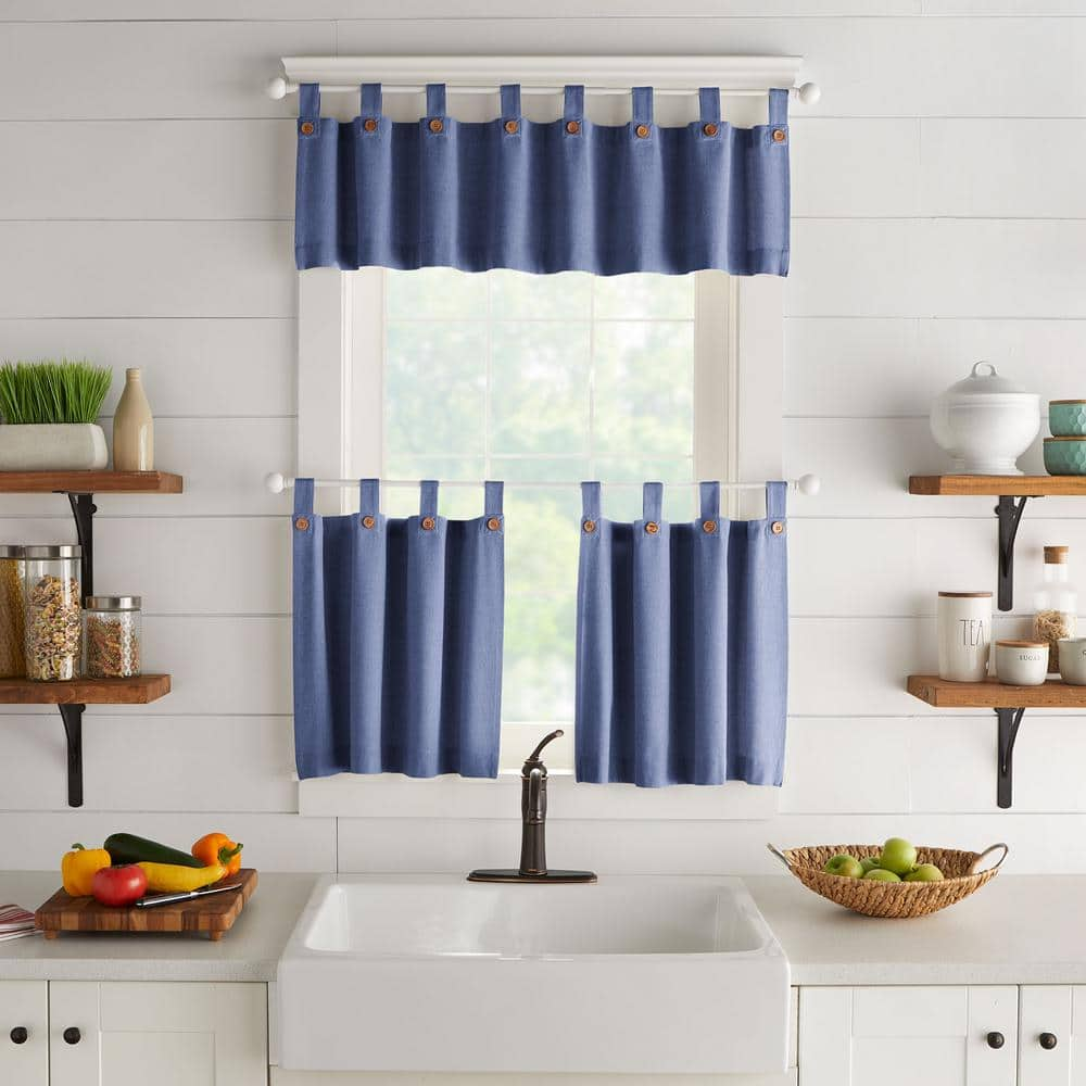 Tucker Blue Solid Button Cotton 30(in)x24(in) Tab Top Light Filtering Window Tiers (2)