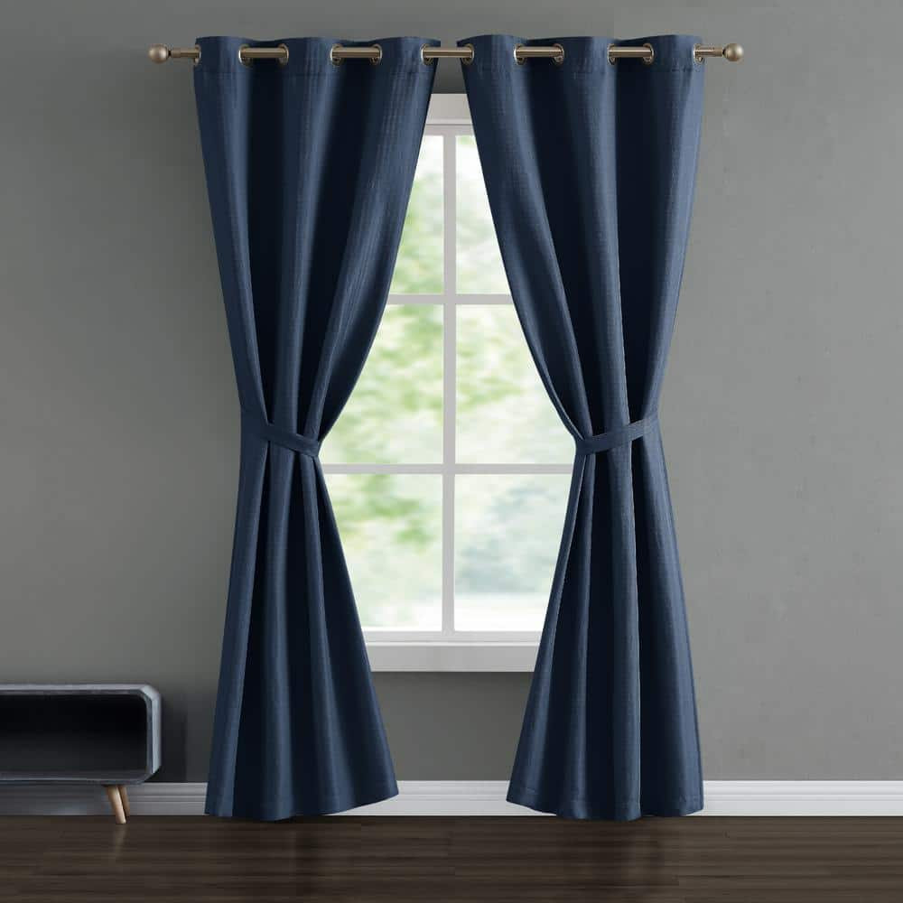 Tanner Blue 38 in. W x 84 in. L Grommet Room Darkening Tiebacks Curtain (2-Panels)