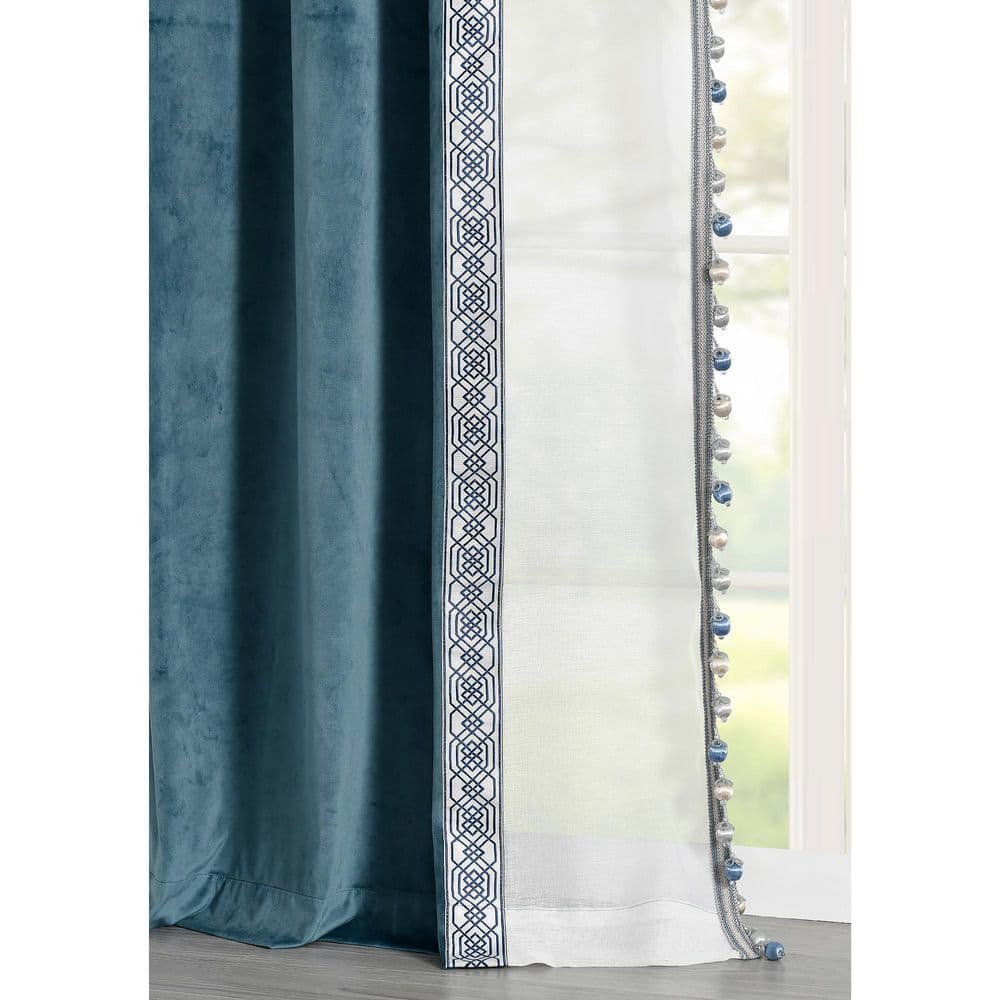 Luxury Vintage 42 in. W x 84 in. L Velvet and Sheer With Border Pompom Trim Window Curtain Panel in Blue Single