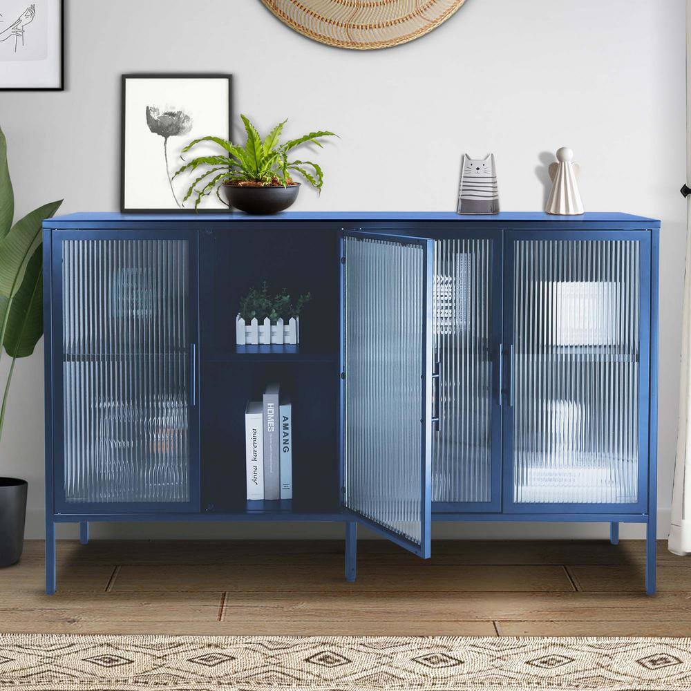 59.17 in. W Blue Anti-Tip Tempered Glass Cabinet with 4-Glass Doors and Adjustable Shelf and Feet