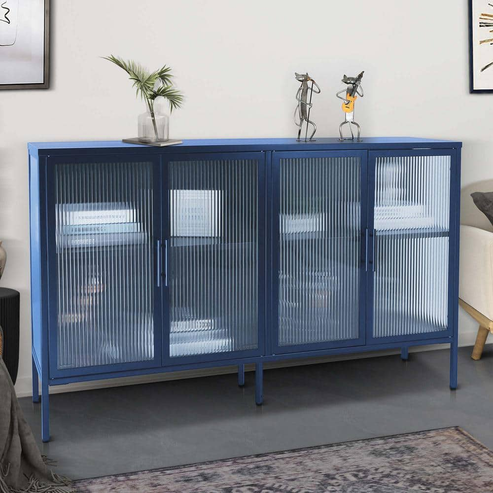 59.17 in. W Blue Anti-Tip Tempered Glass Cabinet with 4-Glass Doors and Adjustable Shelf and Feet