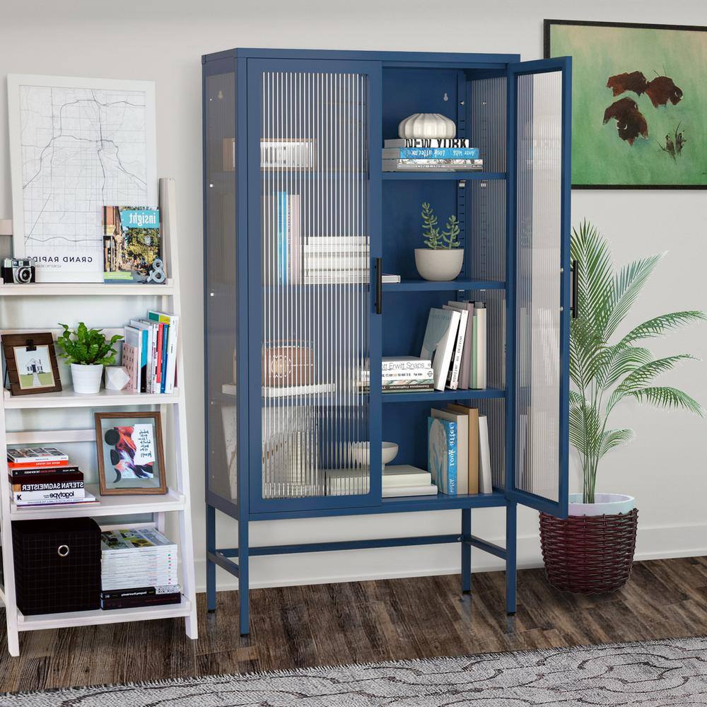 2 Glass Doors Pantry Organizer with Adjustable Shelves and Feet Cold Rolled Steel Sideboard in Blue