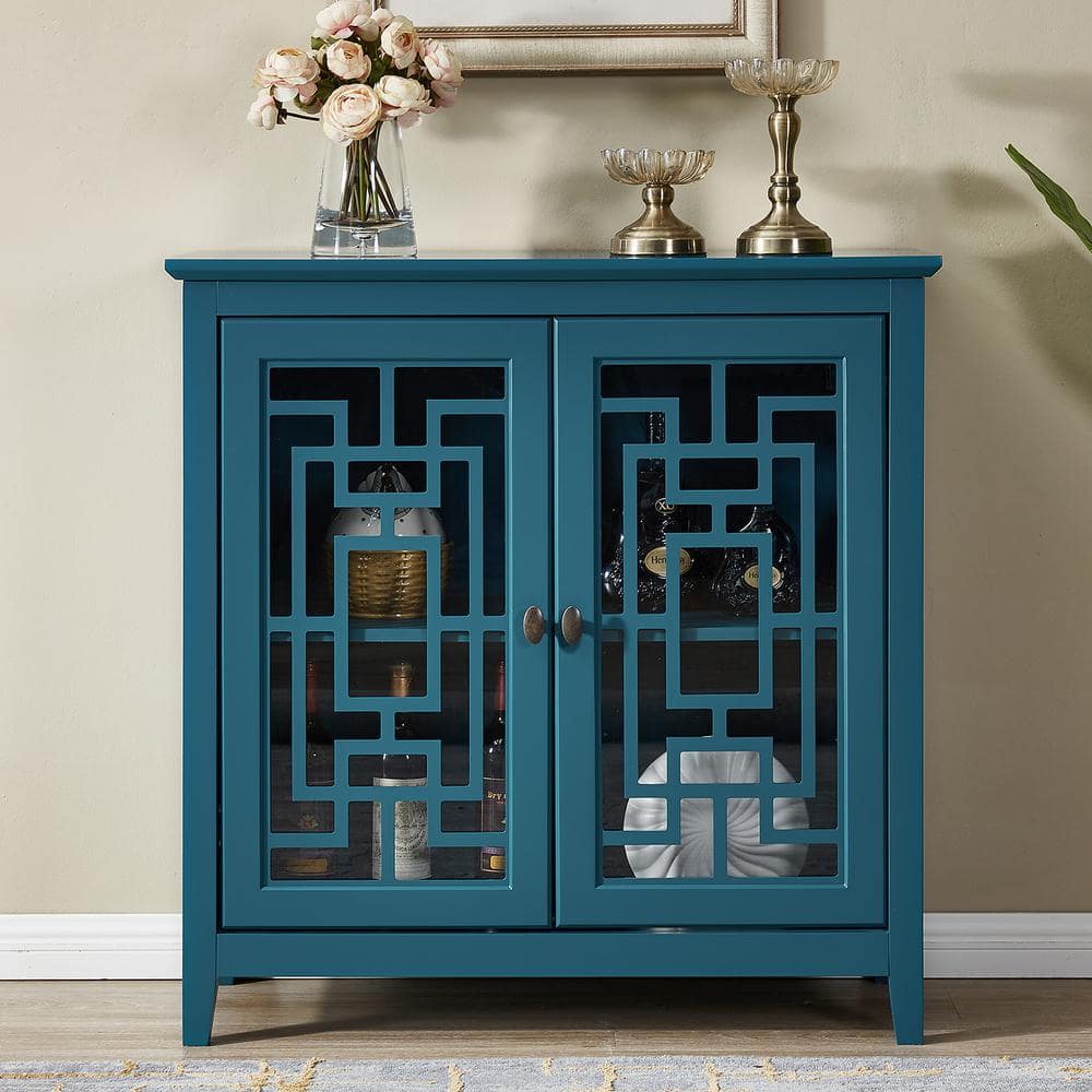 Teal Blue Wood Pantry Organizer with 2 Doors