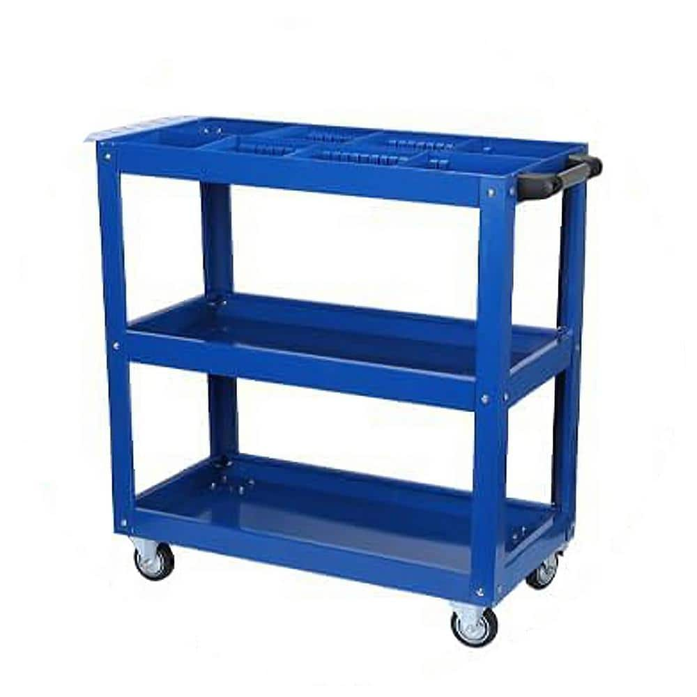 3 Tier Tool Cart on Wheels, 450 lbs. Heavy-Duty Steel Utility Cart w/Lockable Wheels for kitchen, Garage, Warehouse-Blue