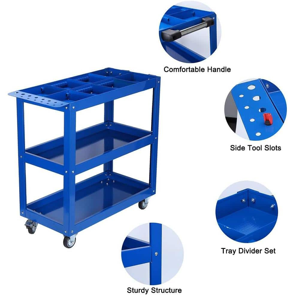 3 Tier Tool Cart on Wheels, 450 lbs. Heavy-Duty Steel Utility Cart w/Lockable Wheels for kitchen, Garage, Warehouse-Blue