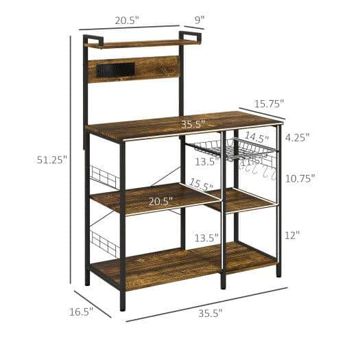 Industrial Brown Kitchen Shelves with 5-Shelfs and Power Outlet USB Charger for for Spices, Pots and Pans