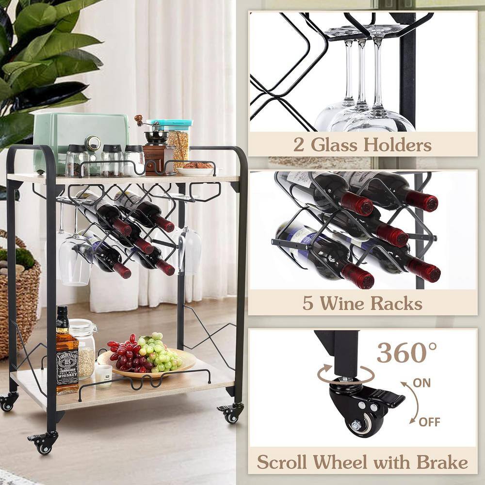 2-Tier Mobile Bar Serving Cart with Wine Racks and Glasses Holders, Wine Cart on Wheels