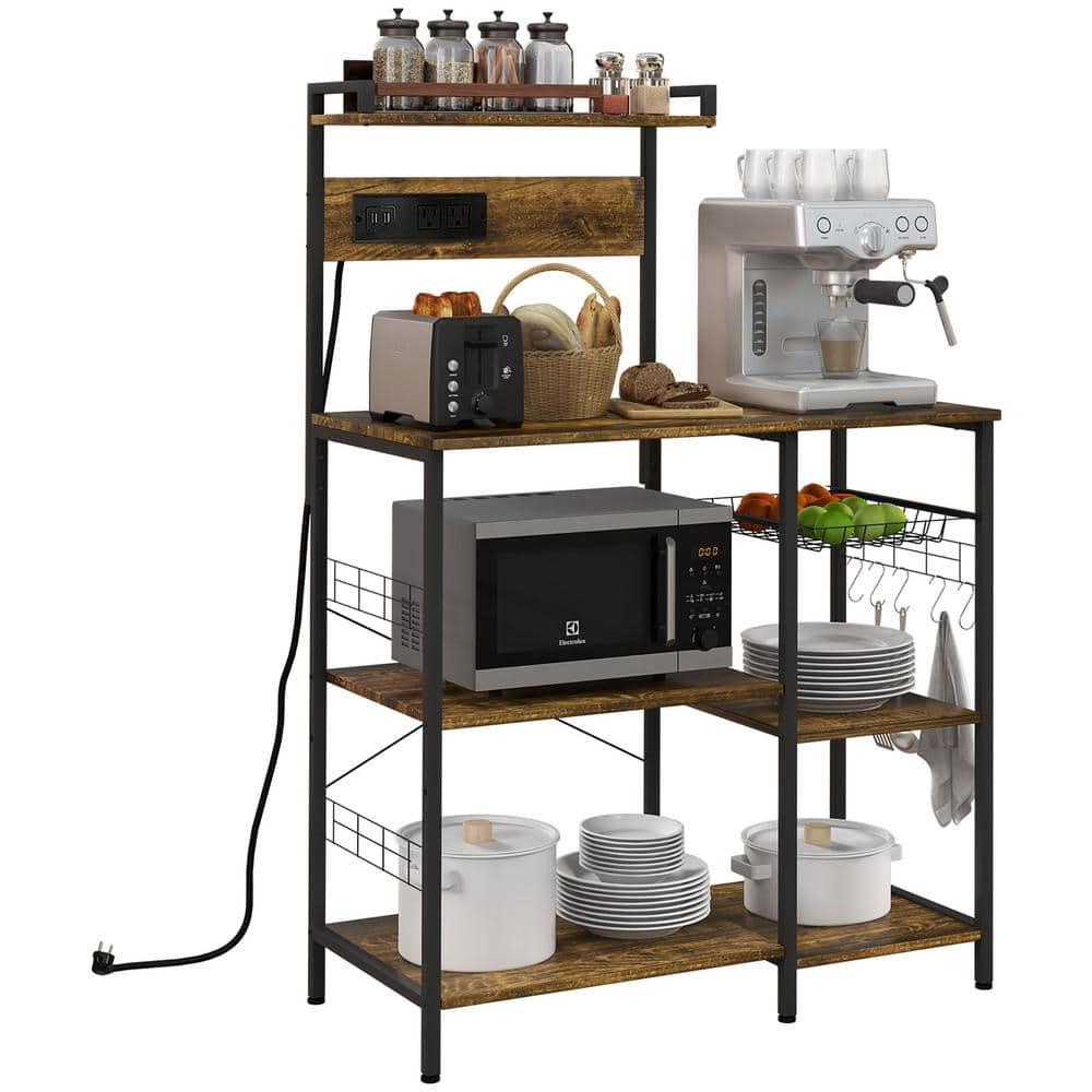 7-Shelf Brown Pantry Organizers with Power Outlet, USB Charger, Microwave Stand, Wire Basket, Kitchen Shelves, 5 S-Hooks