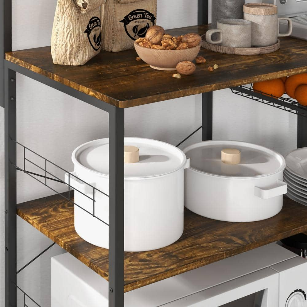 7-Shelf Brown Pantry Organizers with Power Outlet, USB Charger, Microwave Stand, Wire Basket, Kitchen Shelves, 5 S-Hooks