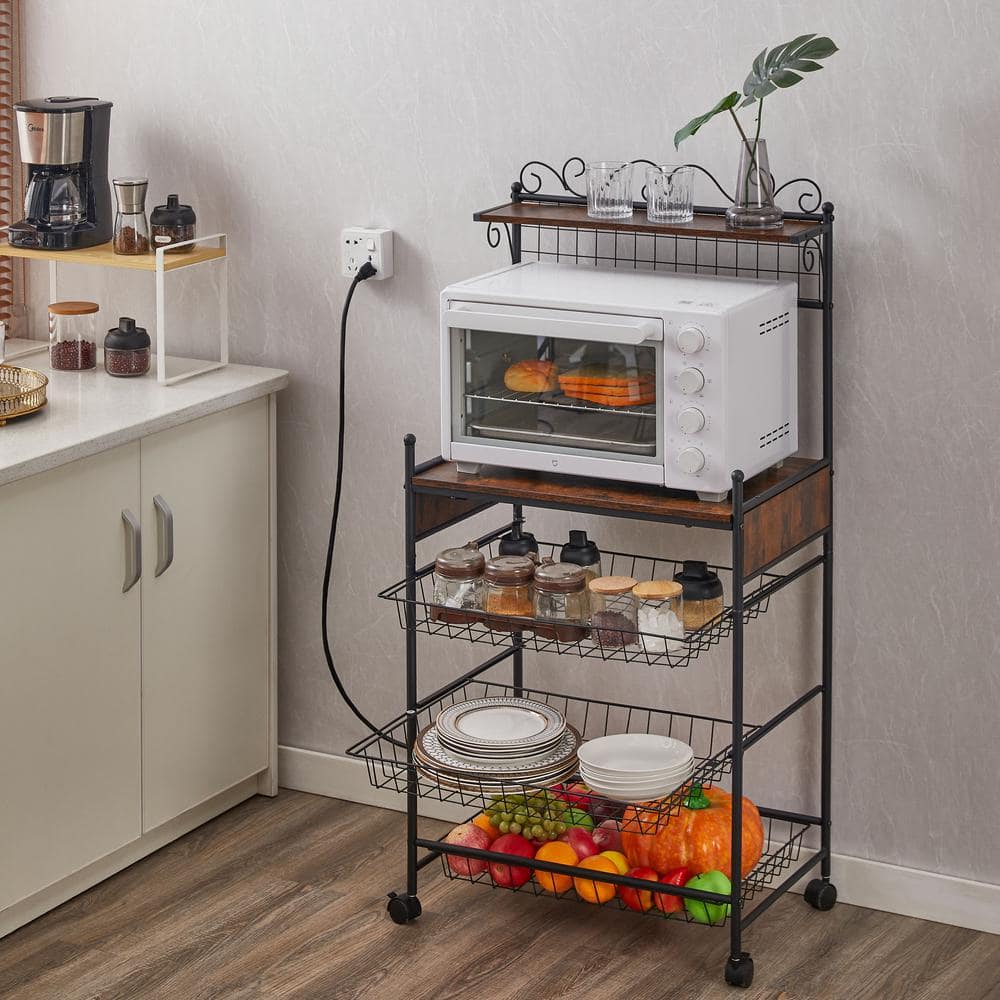 5-Shelf Brown Kitchen Removable Shelves with Basket and Anti-skid Locks Wheels