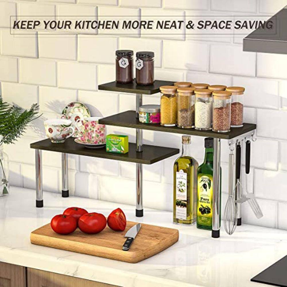 Kitchen Corner Shelf Countertop Organizer – 3-Tier Bamboo and Metal Kitchen Organization Plant Stand Living Room Office