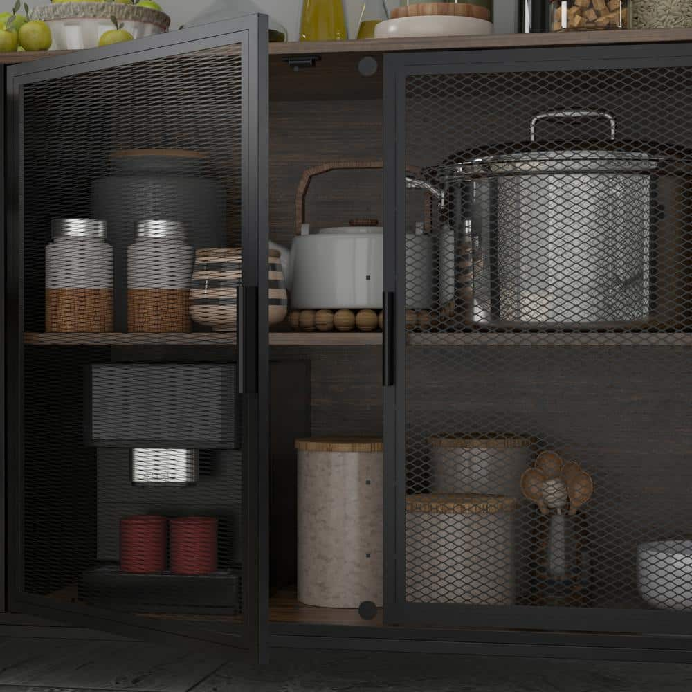 59 in. W Brown Large Kitchen Pantry Organizers Cabinet Buffet with 3-Drawers, 6 Shelves and Metal Mesh Doors