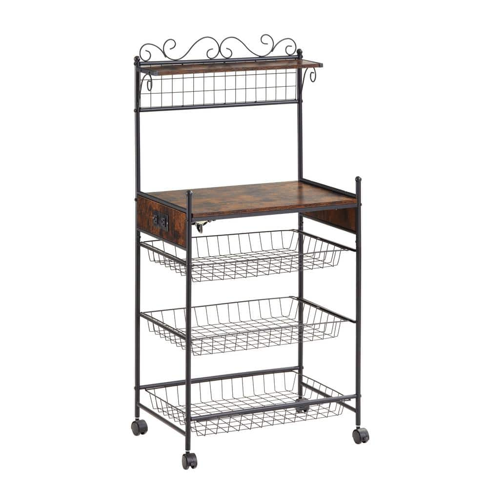 5-Shelf Brown Kitchen Storage Shelf Rack with Basket and Anti-skid Locks Wheels