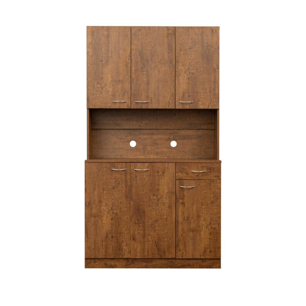 Walnut Wood Pantry Organizer Kitchen Cabinet with 6-Doors, 1-Open Shelves and 1-Drawer