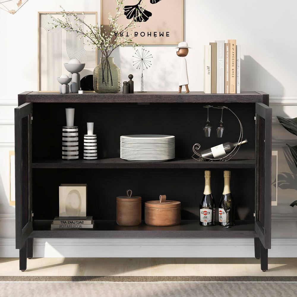 Walnut Wood Pantry Organizer Kitchen Cabinet with Two Tempered Glass Doors