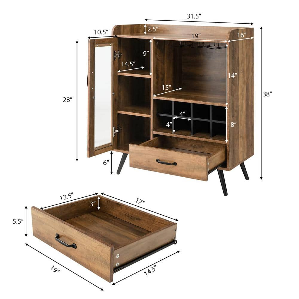 Brown Kitchen Pantry Cabinet Buffet with Drawer and Wine Cabinet