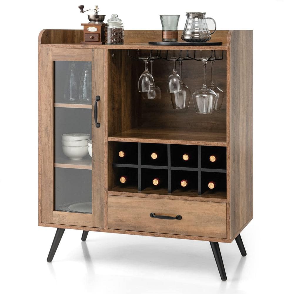 Brown Kitchen Pantry Cabinet Buffet with Drawer and Wine Cabinet