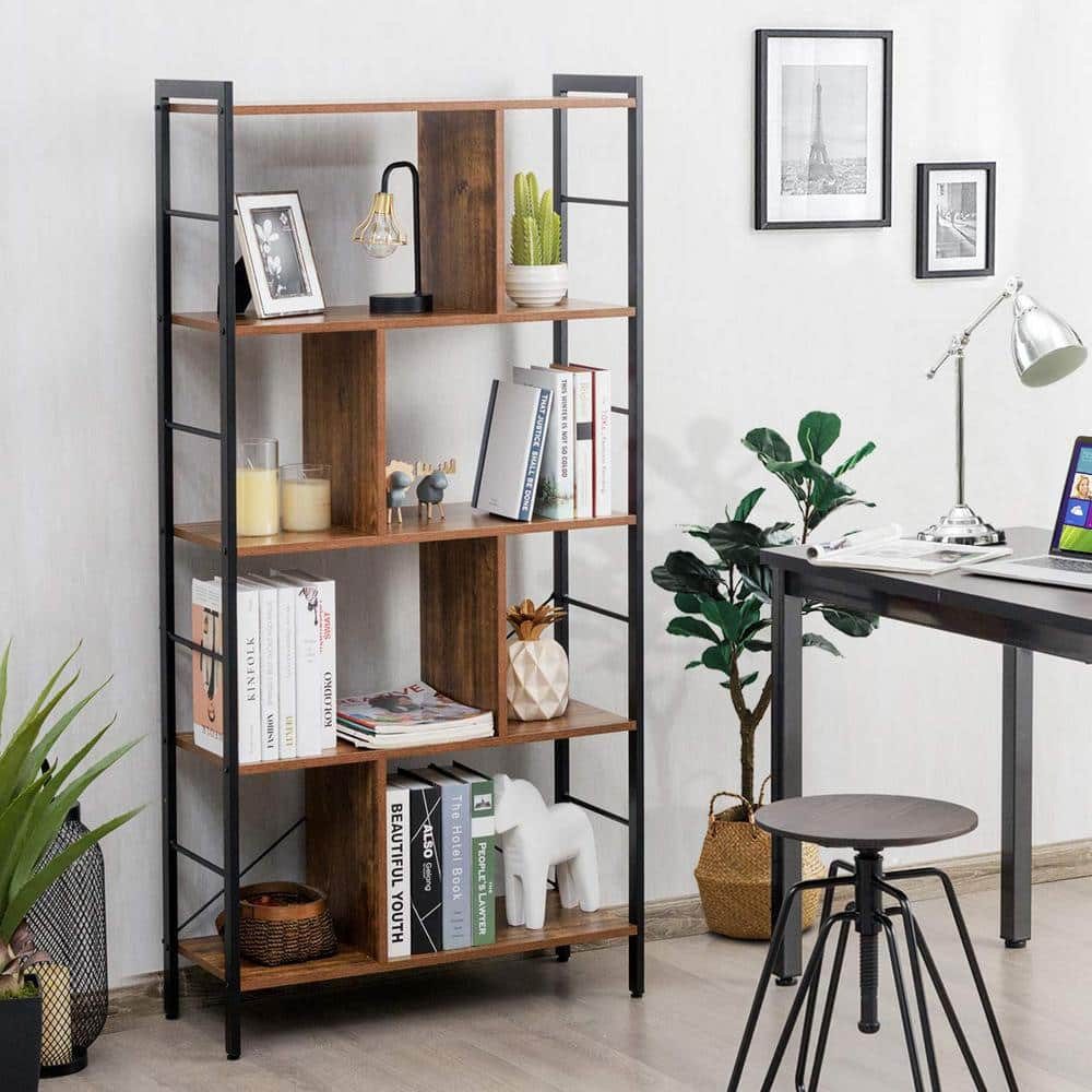 4-Tier Brown Pantry Organizer Industrial Bookshelf Display Storage Rack