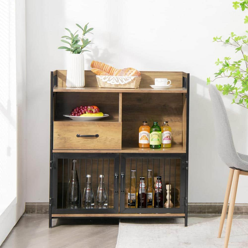 Brown Kitchen Rack Storage Shelving Unit Buffet Cabinet with Drawer and Wood Storage Shelf