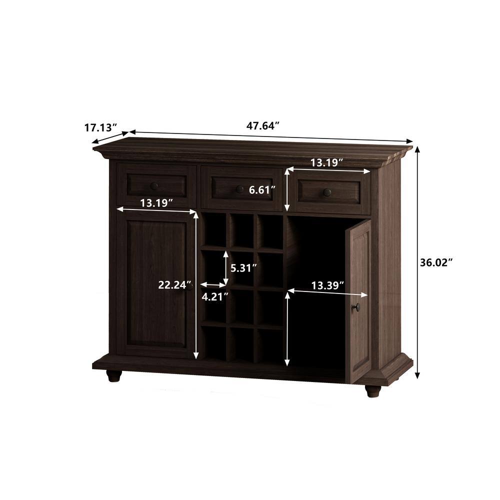 Vintage Style Storage Cabinet with 12-Grid Wine Rack, 3-Drawer 2-Door for Living Room, Kitchen, Dining Room