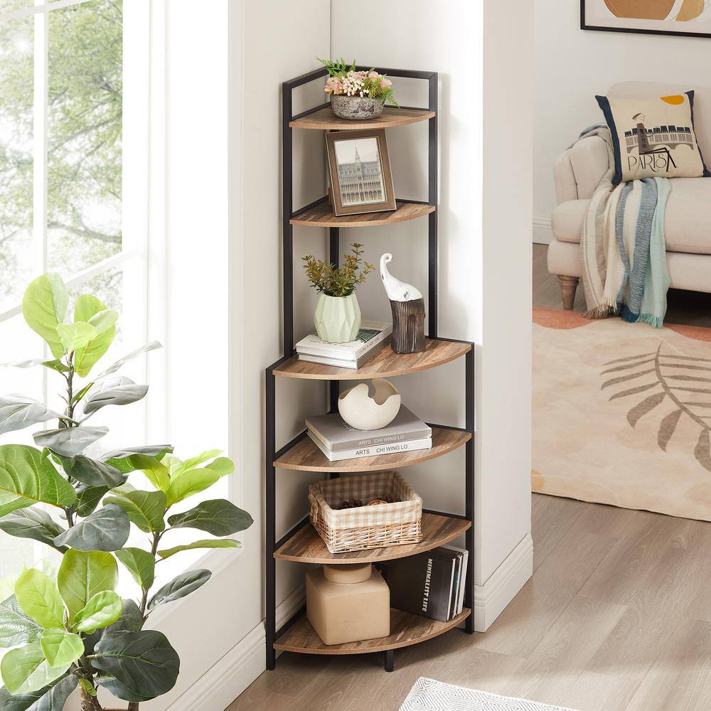 6-Tier Corner Open Shelf Modern Bookcase Wood Rack Freestanding Shelving Unit