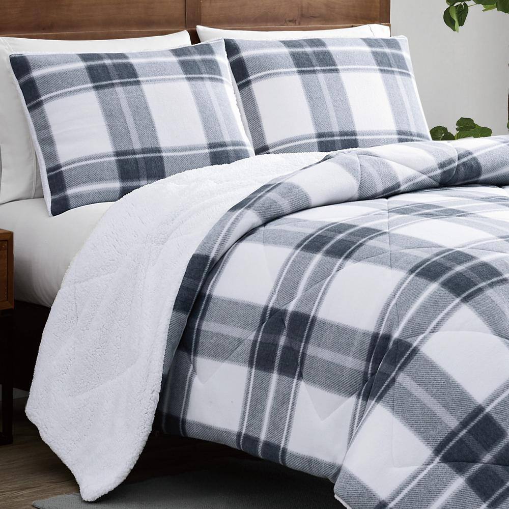 Cozy Teddy 3-Piece Blue Plaid Polyester Full/Queen Comforter Set