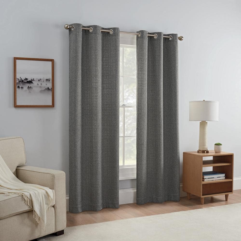 Carter Draftstopper Charcoal Textured Solid Polyester 37 in. W x 63 in. L Room Darkening Pair Grommet Top Curtain Panel