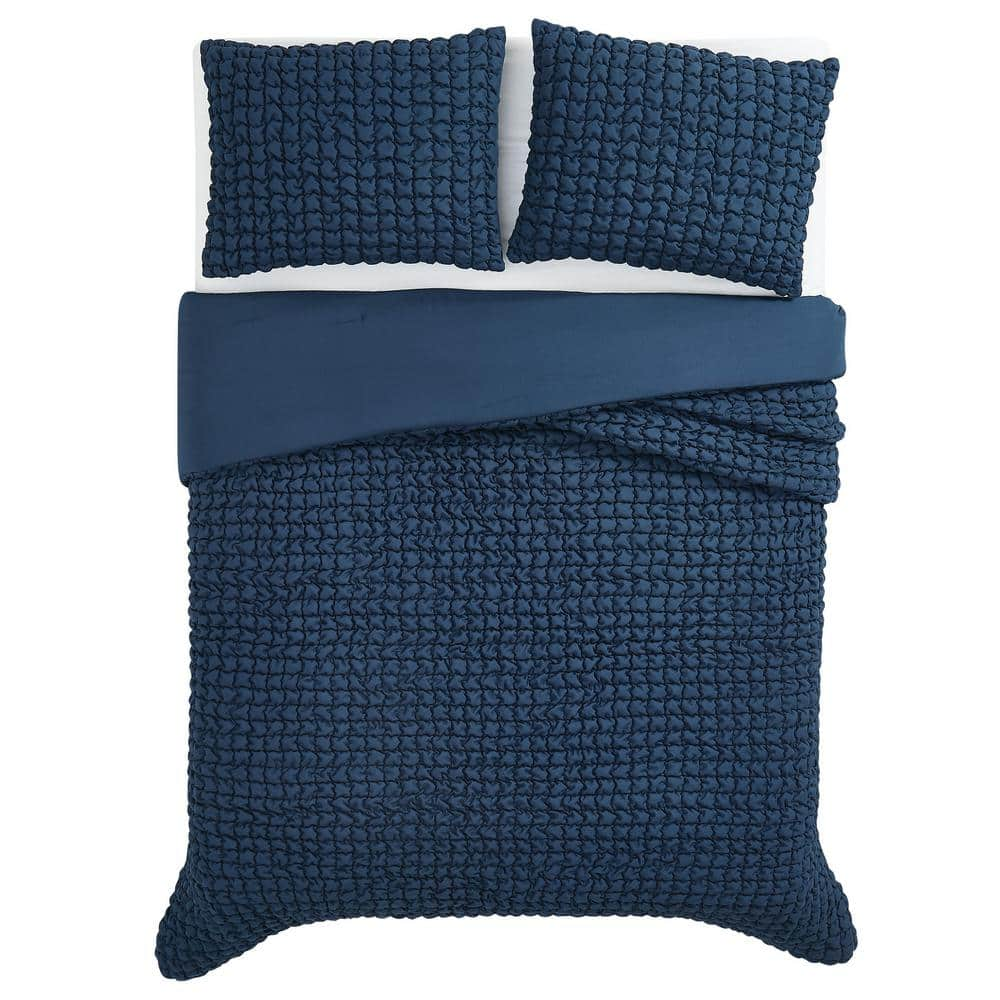 3-Piece Textured Puff Blue King Microfiber Comforter Set