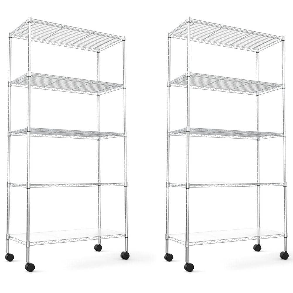 5-Tier Chrome Heavy Duty Storage Wire Rack with Wheels, NSF Height Adjustable Metal Garage Storage Rack(Set of 2)