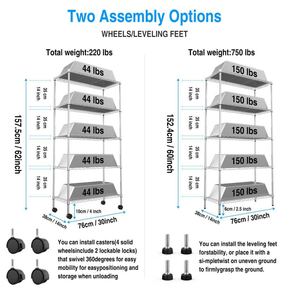 5-Tier Chrome Heavy Duty Storage Wire Rack with Wheels, NSF Height Adjustable Metal Garage Storage Rack(Set of 2)