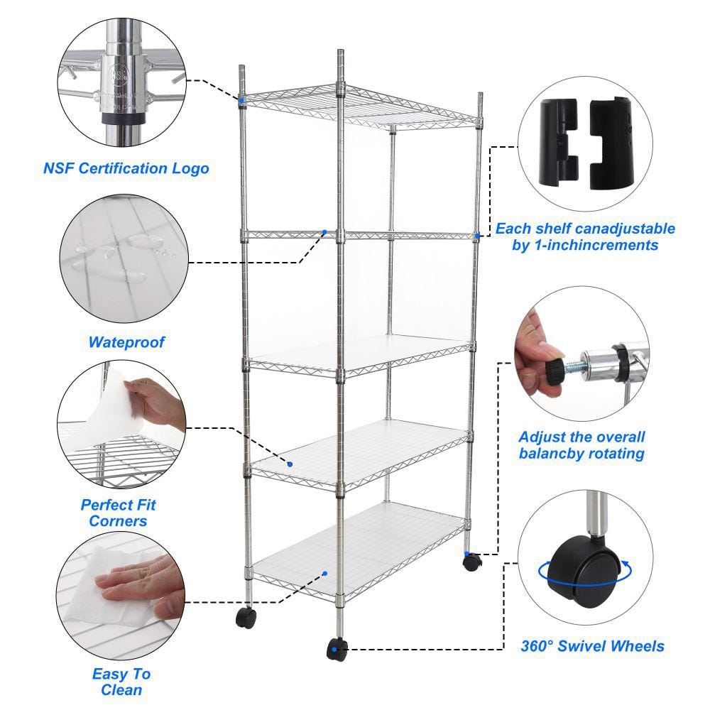 5-Tier Chrome Heavy Duty Storage Wire Rack with Wheels, NSF Height Adjustable Metal Garage Storage Rack