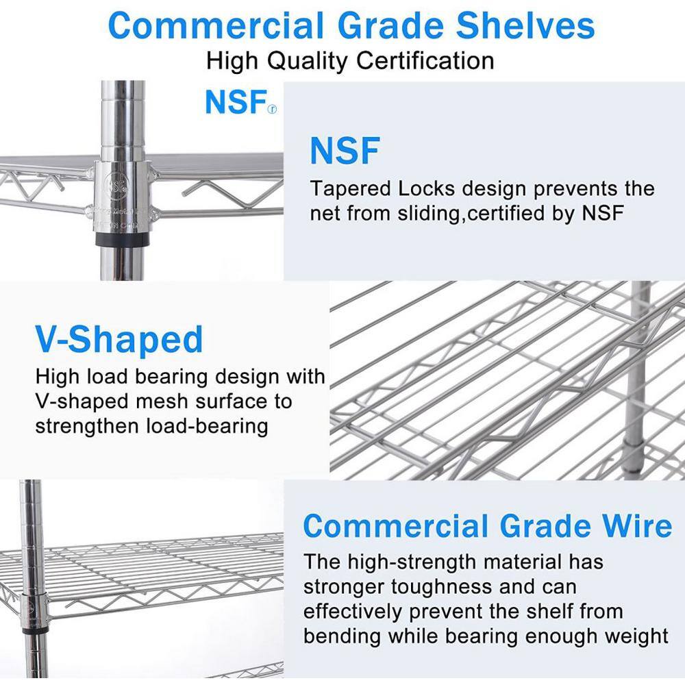 5-Tier Chrome Heavy Duty Storage Wire Rack with Wheels, NSF Height Adjustable Metal Garage Storage Rack