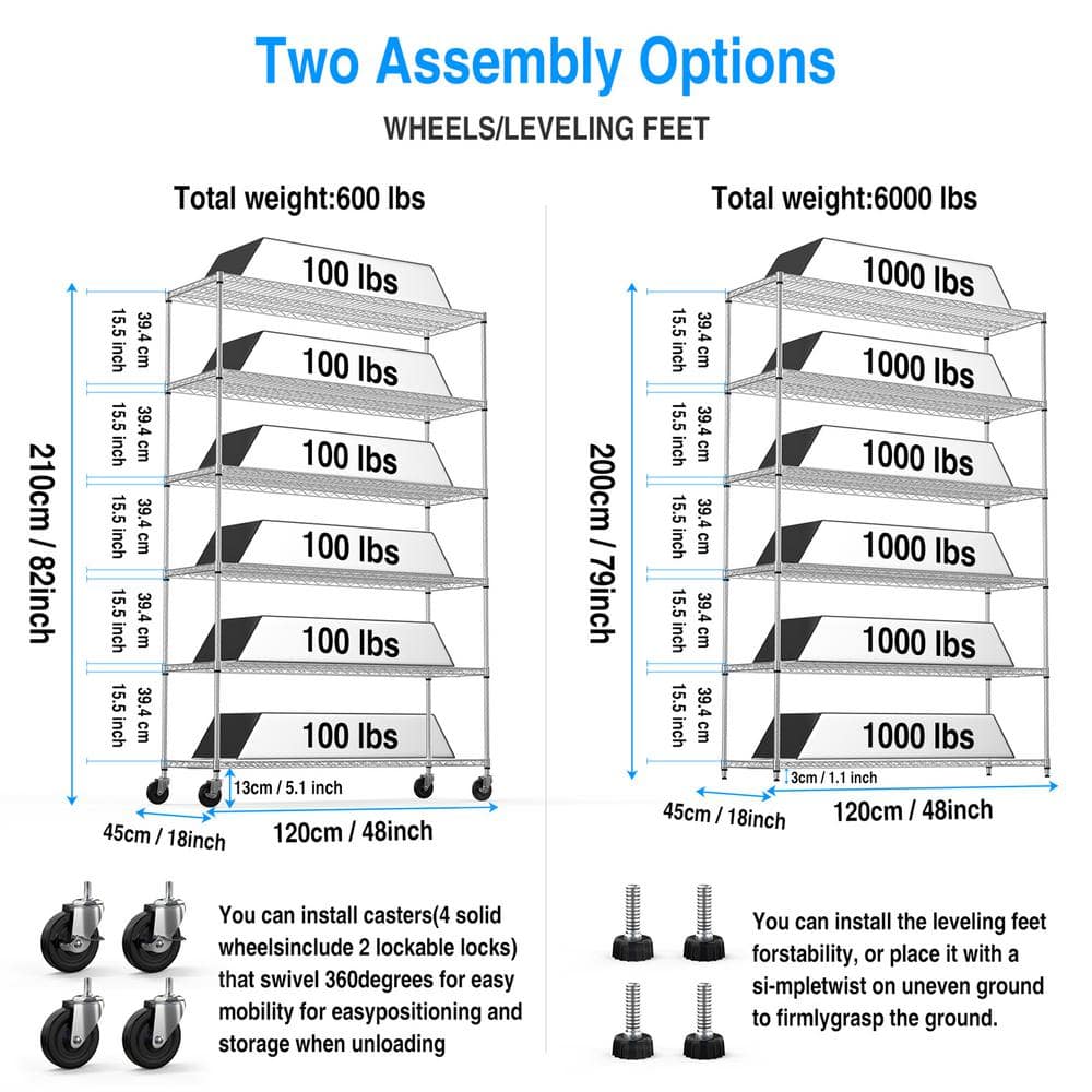 6-Tier Heavy Duty Storage Wire Rack with Wheels, 6000 lbs. NSF Height Adjustable Metal Garage Storage Rack – Chrome