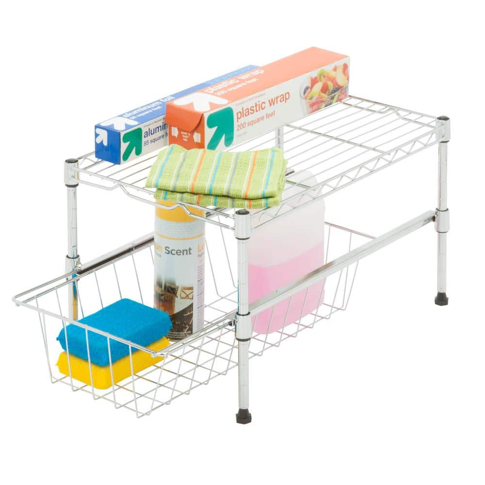 1-Shelf Chrome Pantry Organizer with Pull Out Basket