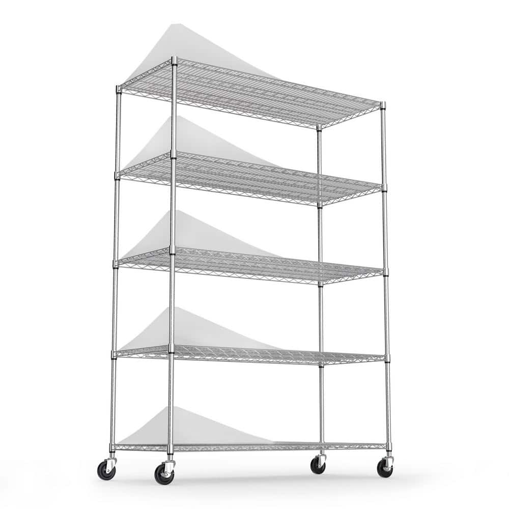 48.00 in. W Chrome 5-Tier Metal Pantry Organizer, Adjustable Metal Storage Shelves with Wheels