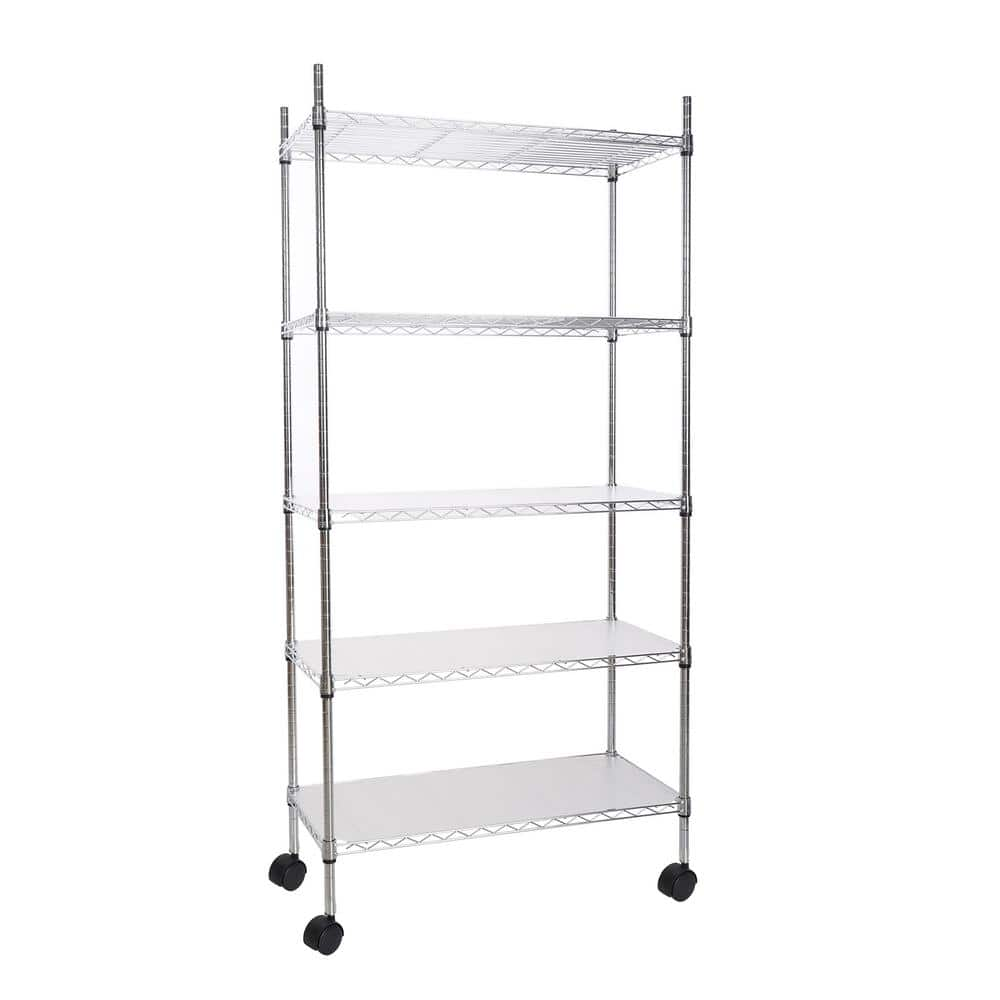 30.00 in. W Chrome 5-Tier Metal Pantry Organizer, Adjustable Metal Storage Shelves with Wheels