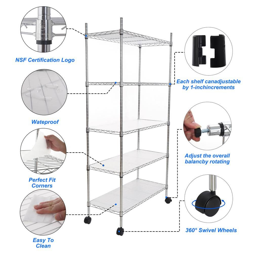 5 Tier Wire Shelving Unit, Heavy-Duty Metal Large Storage Shelves Height Adjustable for Garage Kitchen Office-Chrome