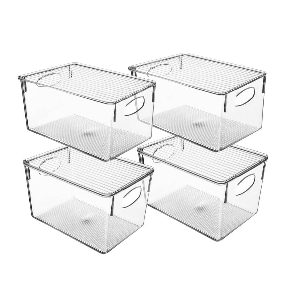 4 Plastic Storage Bins, Clear Kitchen, Pantry, and Bathroom Organizer with Lids and Handles